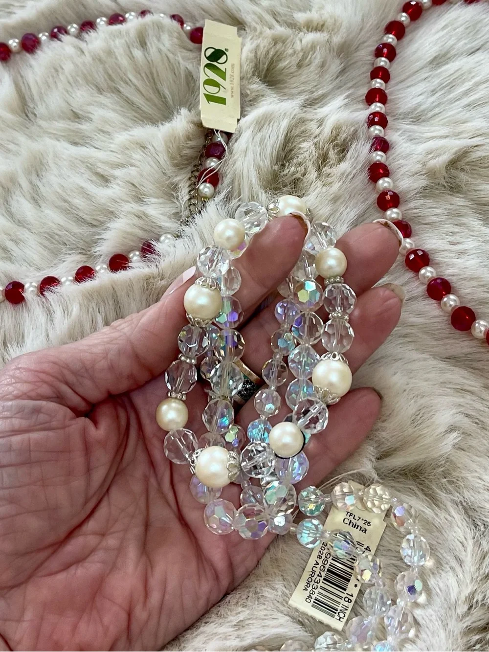 1928 Red & Pearl Beaded Necklace Sets/Crystal & pearl Necklace and Bracelet set